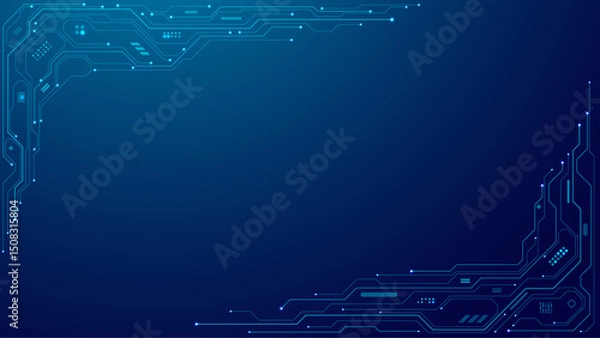 Fototapeta Blue abstract digital background featuring a tech frame built from circuit board lines and microchip elements. Modern, high-tech design ideal for innovation and technology themes. Vector illustration