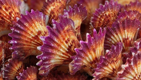 Fototapeta Close-up of ornate, fan-shaped shells, vibrant colors