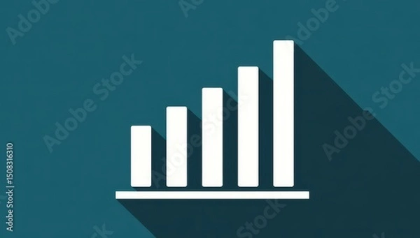 Fototapeta White bar graph icon with long shadow on teal background
