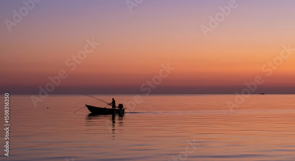 Obraz Serene Sunset Silhouette Fisherman in Small Boat at Sea Peaceful Waters