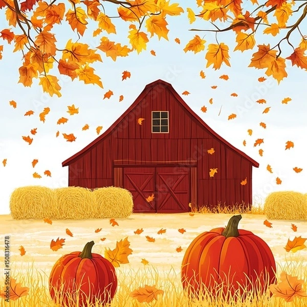 Obraz Autumn scene with a red barn and pumpkins.