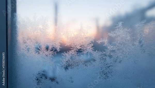 Obraz Frosty windowpane, sunset view