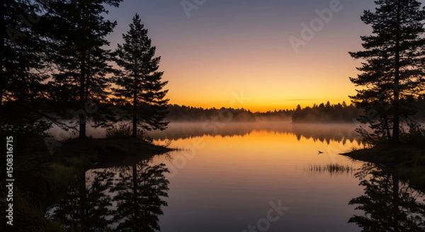 Obraz Serene Sunrise over Misty Lake with Silhouetted Pine Trees and Reflections