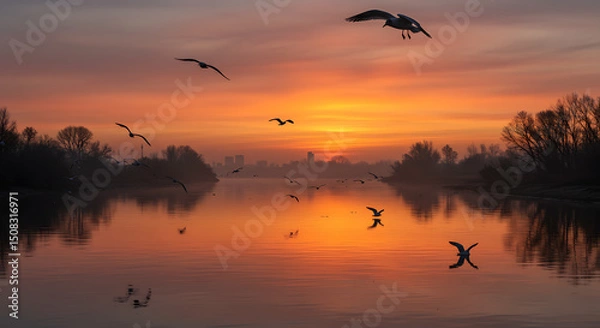 Obraz Serene Sunset over Calm River with Silhouetted Birds in Flight