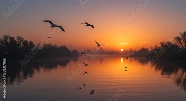 Obraz Serene Sunrise over Calm River with Silhouetted Birds in Flight