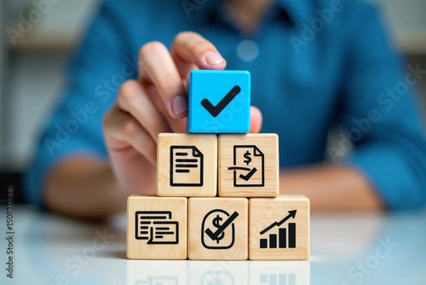 Obraz Document review process and quality control concept. Hand placing a checkmark. wooden blocks document icons, certified, document verification, business approval process, certificate management, audit.