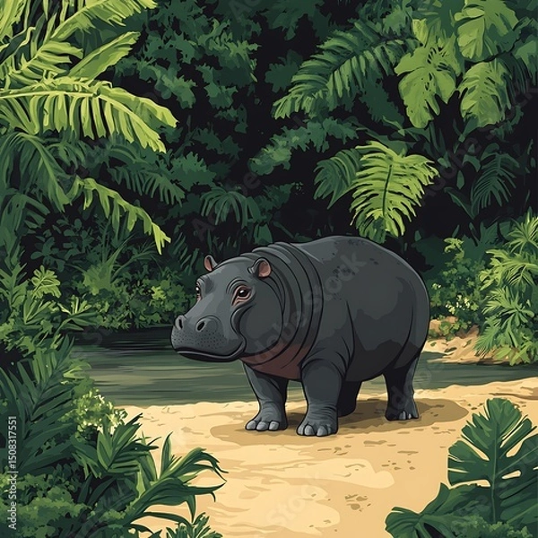 Obraz Hippopotamus stands in a lush jungle scene.