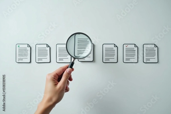 Obraz Document review process and quality control concept. Hand holding magnifying glass over a document icon with a checklist, Document review and approval. Certificate management, Audit, Standardization.