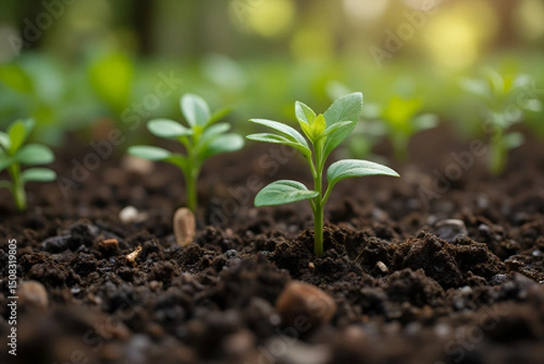 Obraz Multiple Green Seedlings Growing in Rich Soil - Concept of Agriculture, Reforestation, Sustainability, and New Life

