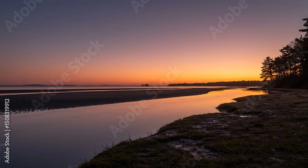 Obraz Serene Sunset Landscape Coastal Creek at Dusk with Silhouetted Trees and Calm Waters
