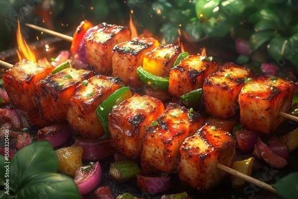 Fototapeta Flaming Paneer Tikka skewers grilling, vibrant background, delicious Indian food