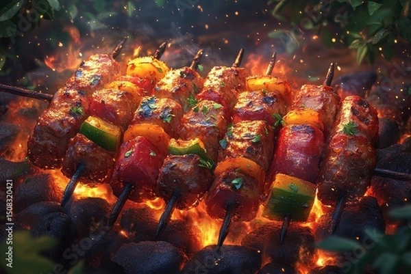 Fototapeta Grilled skewers, campfire, forest, summer