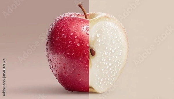 Fototapeta Red apple halved, wet with water droplets