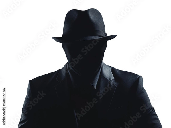 Fototapeta Silhouette of a mysterious man in a suit and hat embodying anonymity