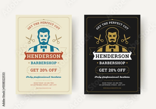 Fototapeta Barbershop flyer layout featuring a traditional barber character, decorative frame, scissors graphics and discount label in a clean retro design. Vector illustration