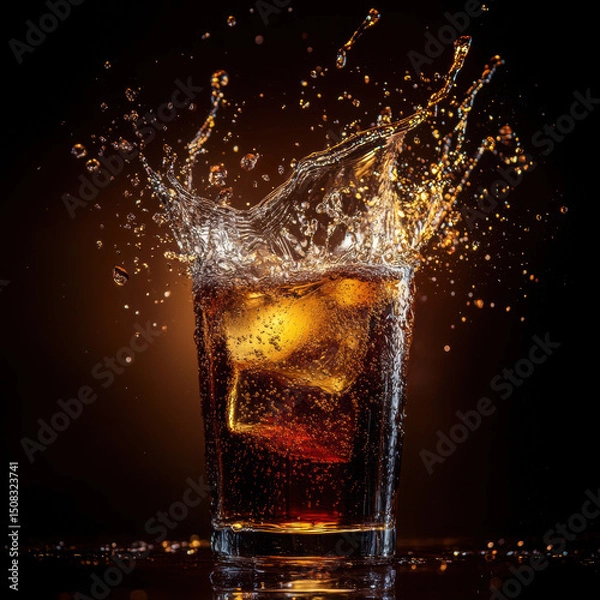 Fototapeta Refreshing glass of cola with ice cubes and splashing water against a dark background