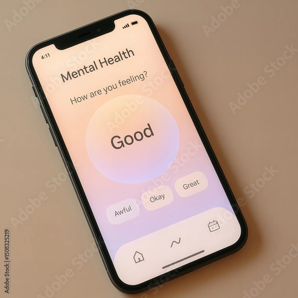 Obraz Mental health app interface on smartphone screen showing mood options like good, awful, okay, and great for emotional tracking and wellbeing monitoring