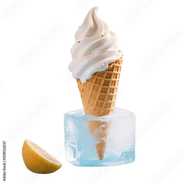 Fototapeta Soft serve ice cream cone on ice isolated on white background