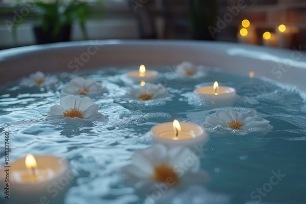 Fototapeta Relaxing bath, candles, flowers, tranquility, spa