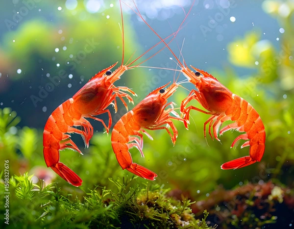 Fototapeta Three vibrant red shrimp interact in a lush underwater environment, surrounded by green plants and bubbles, showcasing marine life