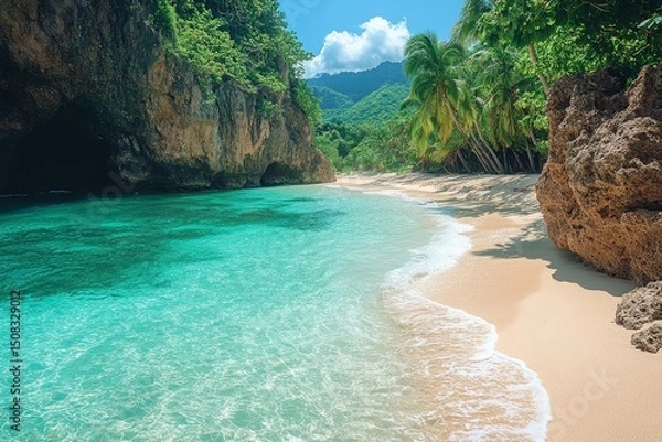 Fototapeta Secluded tropical beach cove, turquoise water, palm trees, cliffs