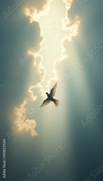 Fototapeta peaceful scene of a dove in cloudy sky, soft beam of light breaking through clouds