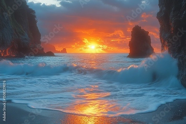 Fototapeta Ocean sunset between volcanic rocks, waves crash on beach