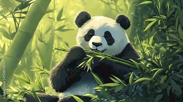 Obraz Panda enjoying bamboo in a lush bamboo forest.