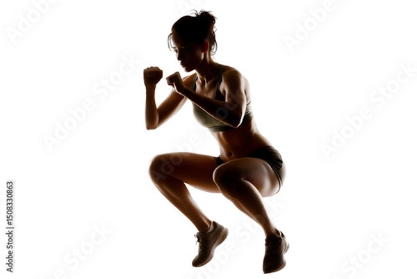 Obraz Silhouette of Athletic Woman Jumping in Squat Position on White