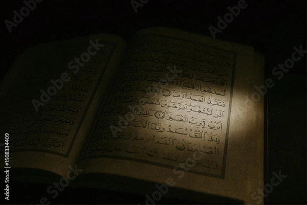 Obraz Beam of Light Illuminating Quranic Verses – Dramatic Islamic Concept Photo
