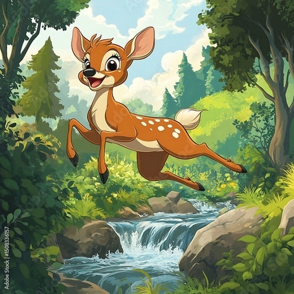 Obraz A fawn leaps through a tranquil forest scene.