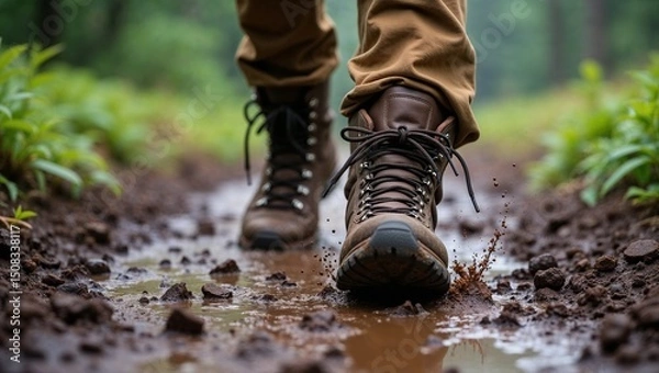 Fototapeta Dirty Hiking Boot Splashing Through Mud on Forest Trail with Blurred Greenery Background

