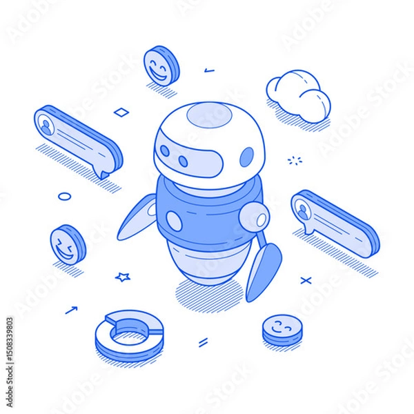 Obraz AI chatbot artificial intelligence robotic assistance support communication minimalist isometric vector illustration. Futuristic digital technology machinery cyborg automated neural web programming
