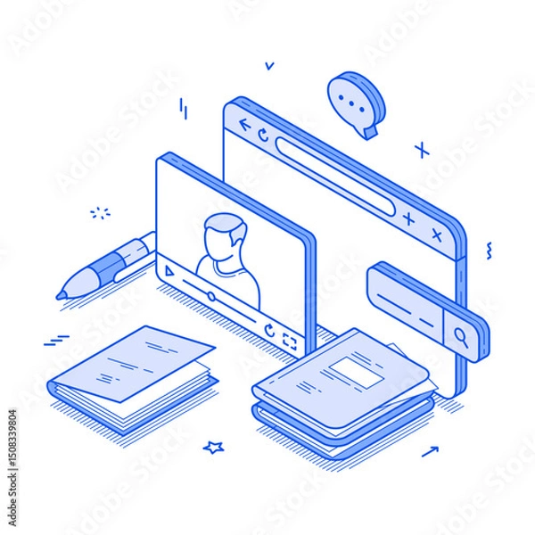 Fototapeta E learning online distance education video lesson webinar lecture minimalist isometric vector illustration. Remotely internet studying college school university course cyberspace digital technology