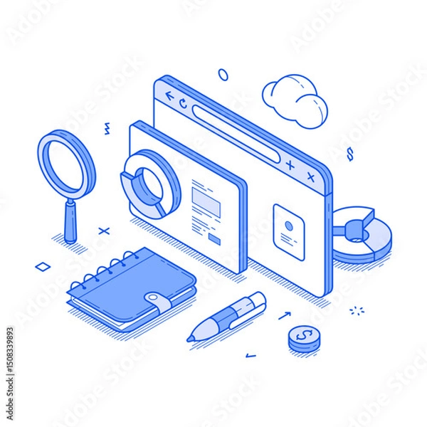Fototapeta Business analyzing information statistic internet browser technology minimalist isometric vector illustration. Analytics and monitoring brainstorming diagram management marketing optimization