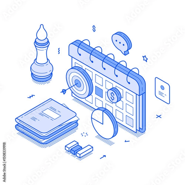 Obraz Time management business planning schedule agenda reminder minimalist isometric vector illustration. Productivity and efficiency work calendar deadline control work process organization