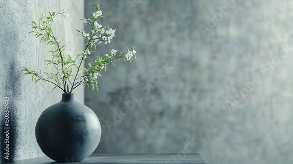 Fototapeta Gray vase with flowering branches against a textured wall.