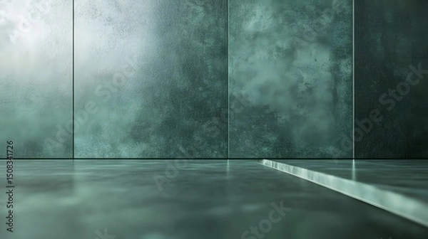Fototapeta Empty room with dark teal walls and floor.