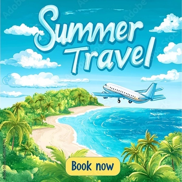 Obraz Tropical island paradise with airplane in the sky.