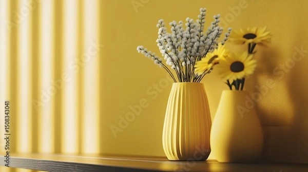 Fototapeta Yellow vases with flowers on a shelf.