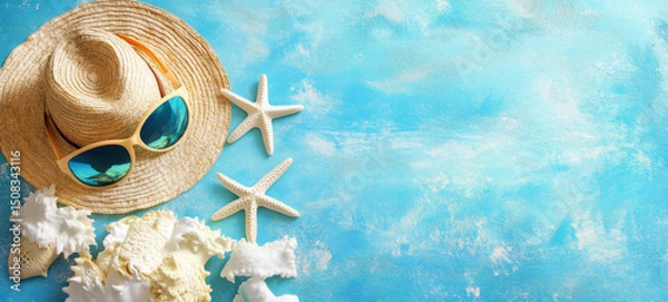 Obraz Vacation summer holiday travel tropical tourismus concept, ocean sea banner panorama greeting card - Close-up of straw hat, sunglasses, starfish and shells on blue table background, top view, flat lay