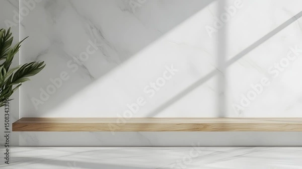Fototapeta Empty wooden shelf against a white marble wall with plant.