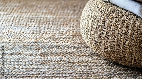 Fototapeta Close-up view of a beige woven rug and a textured pouf.