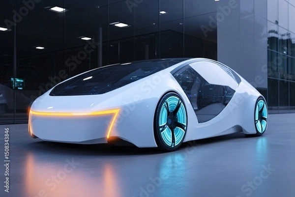 Fototapeta 3D electric car with self-driving tech, offering an eco-friendly and autonomous driving solution for modern commuters.