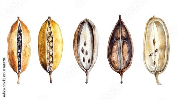 Fototapeta Watercolor Seed Pods: Six Different Types on White Surface
