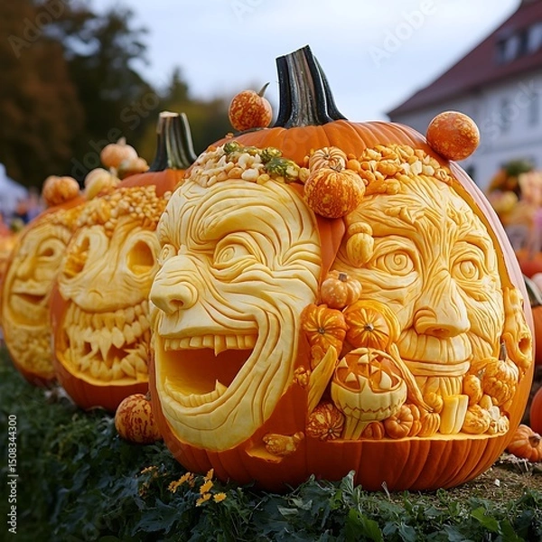 Obraz Elaborate pumpkin carvings with intricate faces.