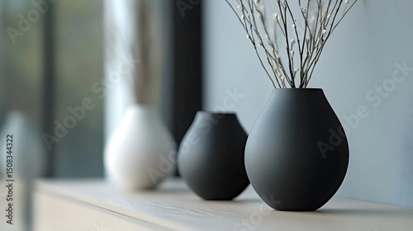 Fototapeta Three ceramic vases in various shades of black and white on a light colored surface.
