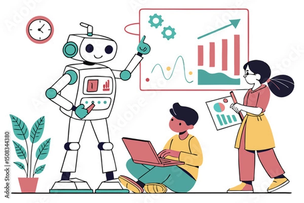 Fototapeta Colorful STEM Education Illustration – Kids and Adults Learning Robotics, Programming, and Data Analysis