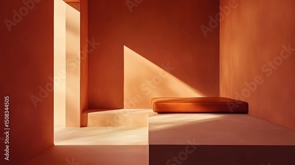 Fototapeta Rustic terracotta room with a low orange cushioned bench.