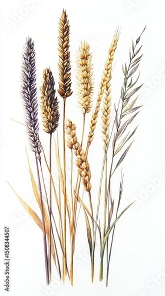 Fototapeta Gouache Grains on Stalks: Six Types on White Background